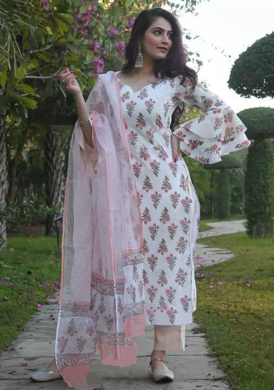 Women's Pink Cotton Blend Printed Kurta Set With Dupatta - Malishka Export