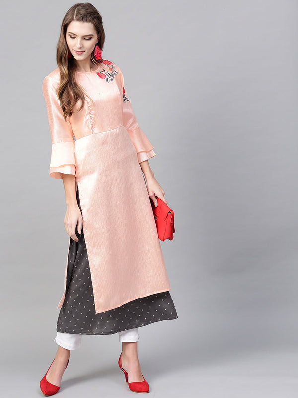 Pink & Charcoal Grey A-Line Kurta-Indiakreations-JSYUFDKU1811S