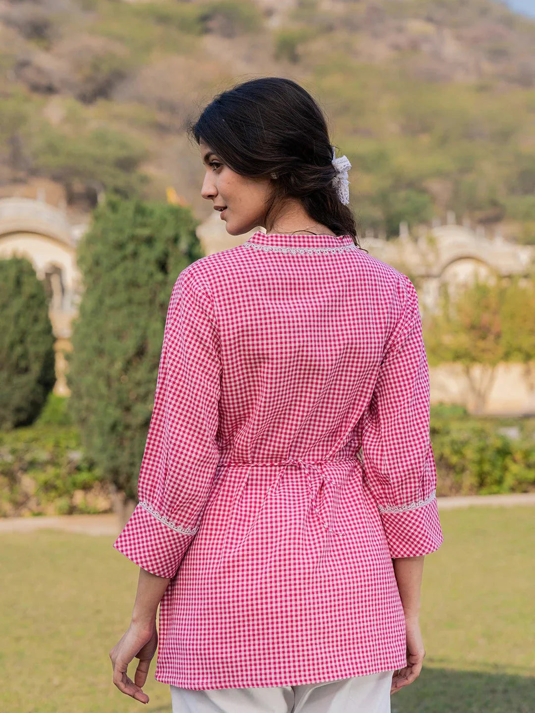 Pink Cotton Checks Embroidery Top-Indiakreations-JS1502TOPPKS