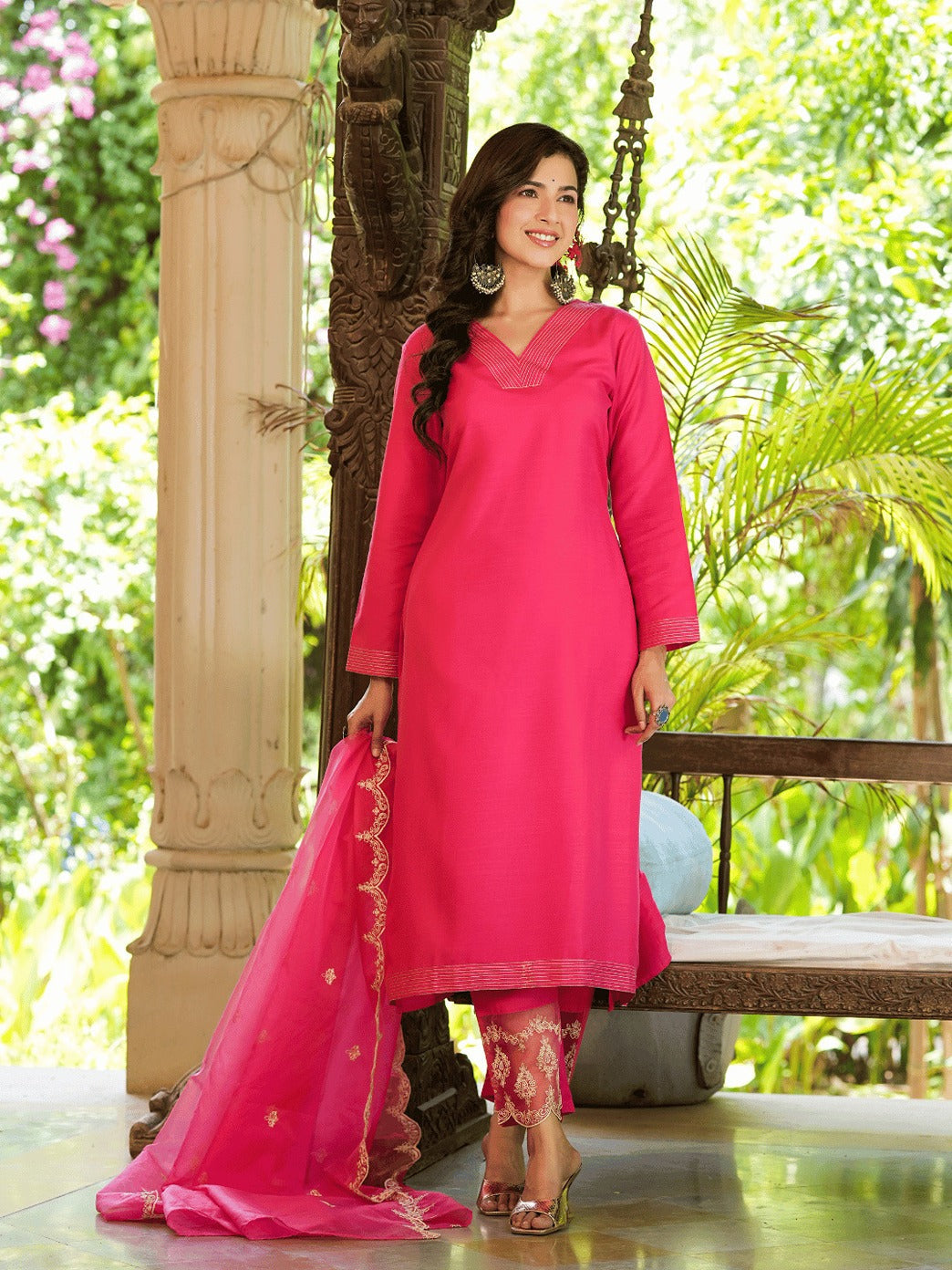 Pink Embroidered Straight Kurta Trouser And Dupatta Set-Indiakreations-JS1348SKDPKS