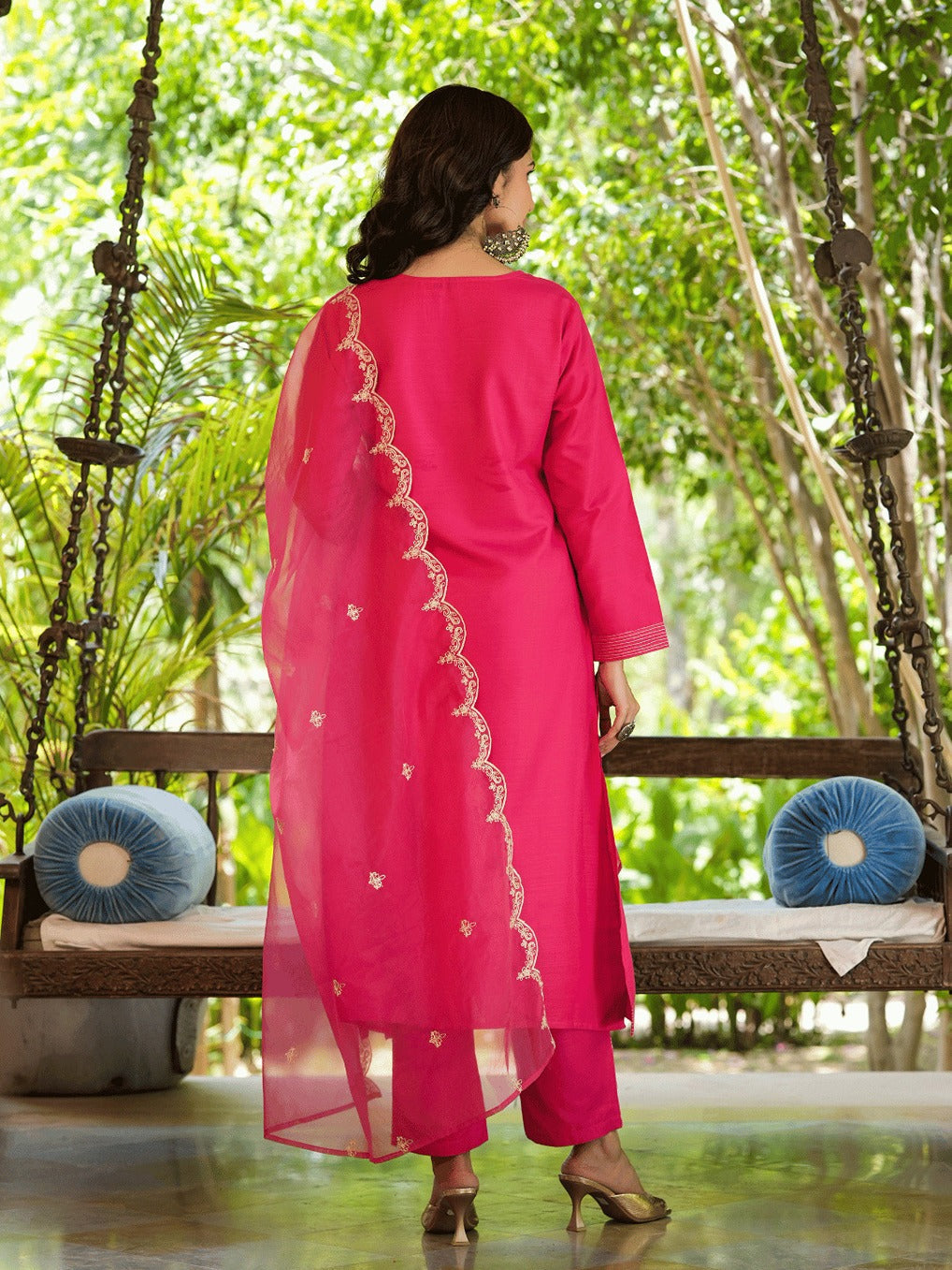 Pink Embroidered Straight Kurta Trouser And Dupatta Set-Indiakreations-JS1348SKDPKS