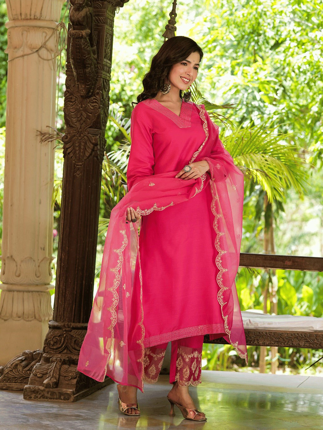 Pink Embroidered Straight Kurta Trouser And Dupatta Set-Indiakreations-JS1348SKDPKS