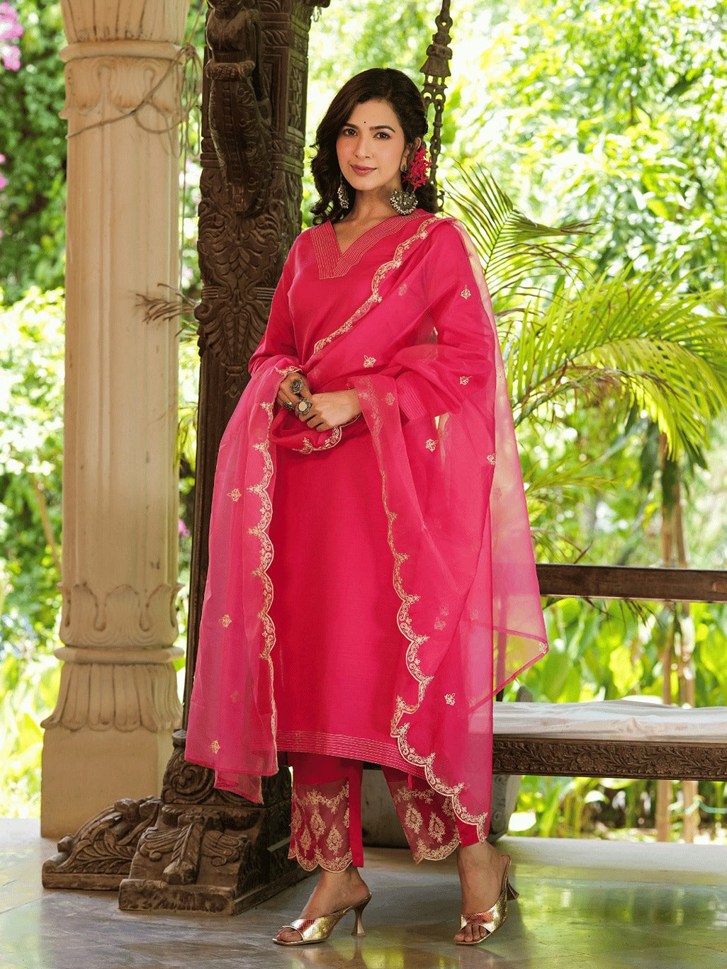 Pink Embroidered Straight Kurta Trouser And Dupatta Set-Indiakreations-JS1348SKDPKS