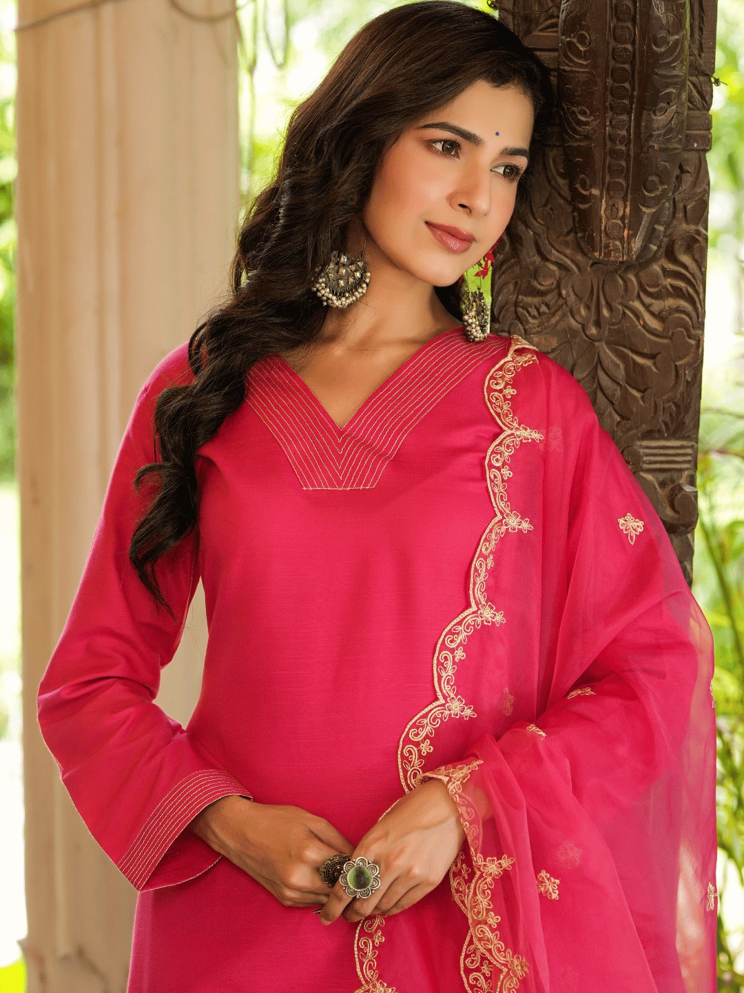 Pink Embroidered Straight Kurta Trouser And Dupatta Set-Indiakreations-JS1348SKDPKS