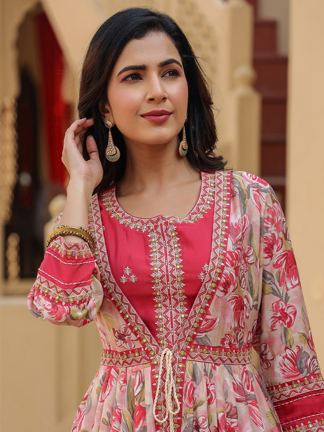 Pink Embroidered shrug Crop top co ord set-Indiakreations-JS1685CRDPKS