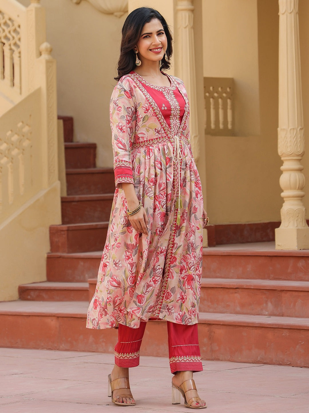 Pink Embroidered shrug Crop top co ord set-Indiakreations-JS1685CRDPKS