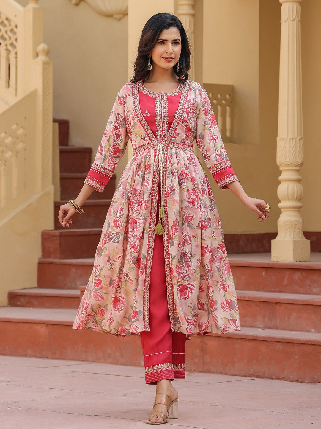 Pink Embroidered shrug Crop top co ord set-Indiakreations-JS1685CRDPKS