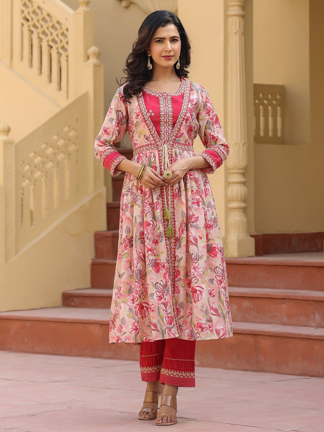 Pink Embroidered shrug Crop top co ord set-Indiakreations-JS1685CRDPKS