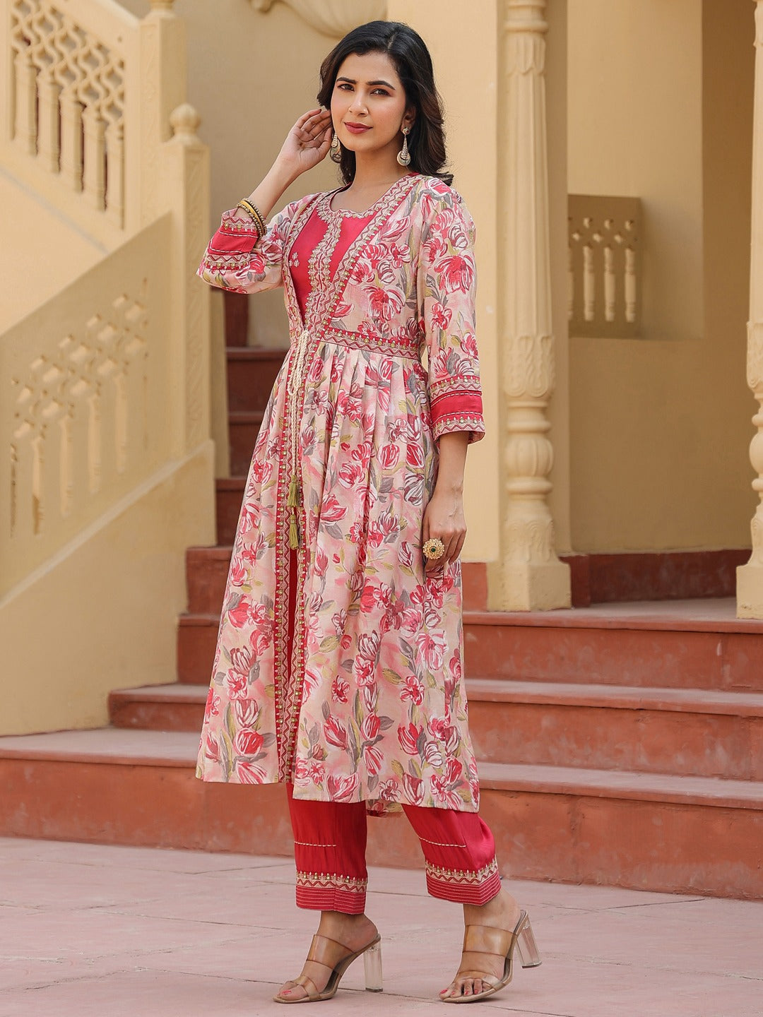 Pink Embroidered shrug Crop top co ord set-Indiakreations-JS1685CRDPKS