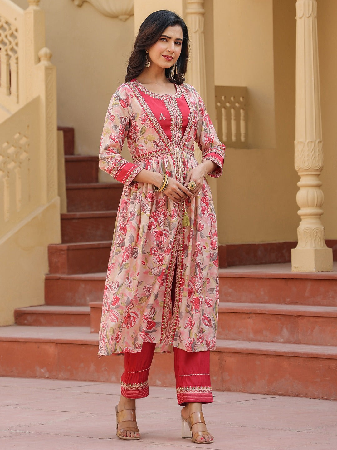 Pink Embroidered shrug Crop top co ord set-Indiakreations-JS1685CRDPKS