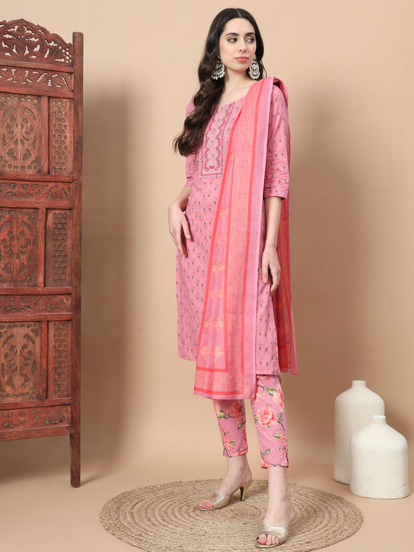 Pink Ethnic Motifs Cotton Kurta Dupatta Set-Indiakreations-JS6815SKDPKS