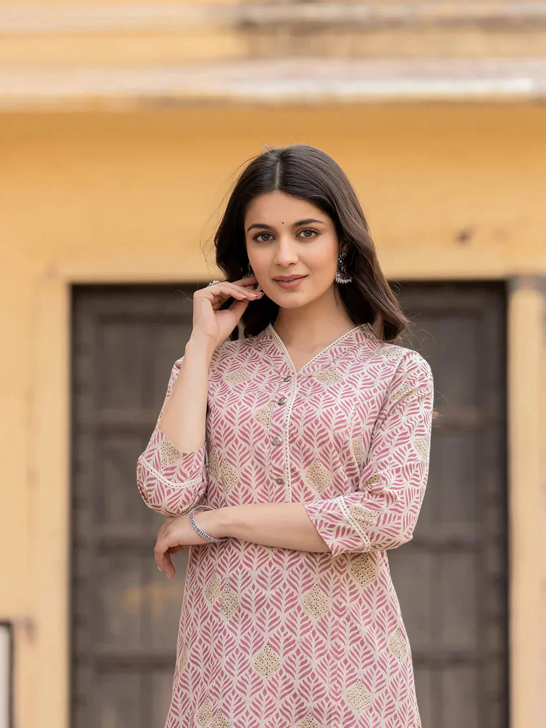 Pink Ethnic Motifs Cotton Top-Indiakreations-JS1833TOPPKS