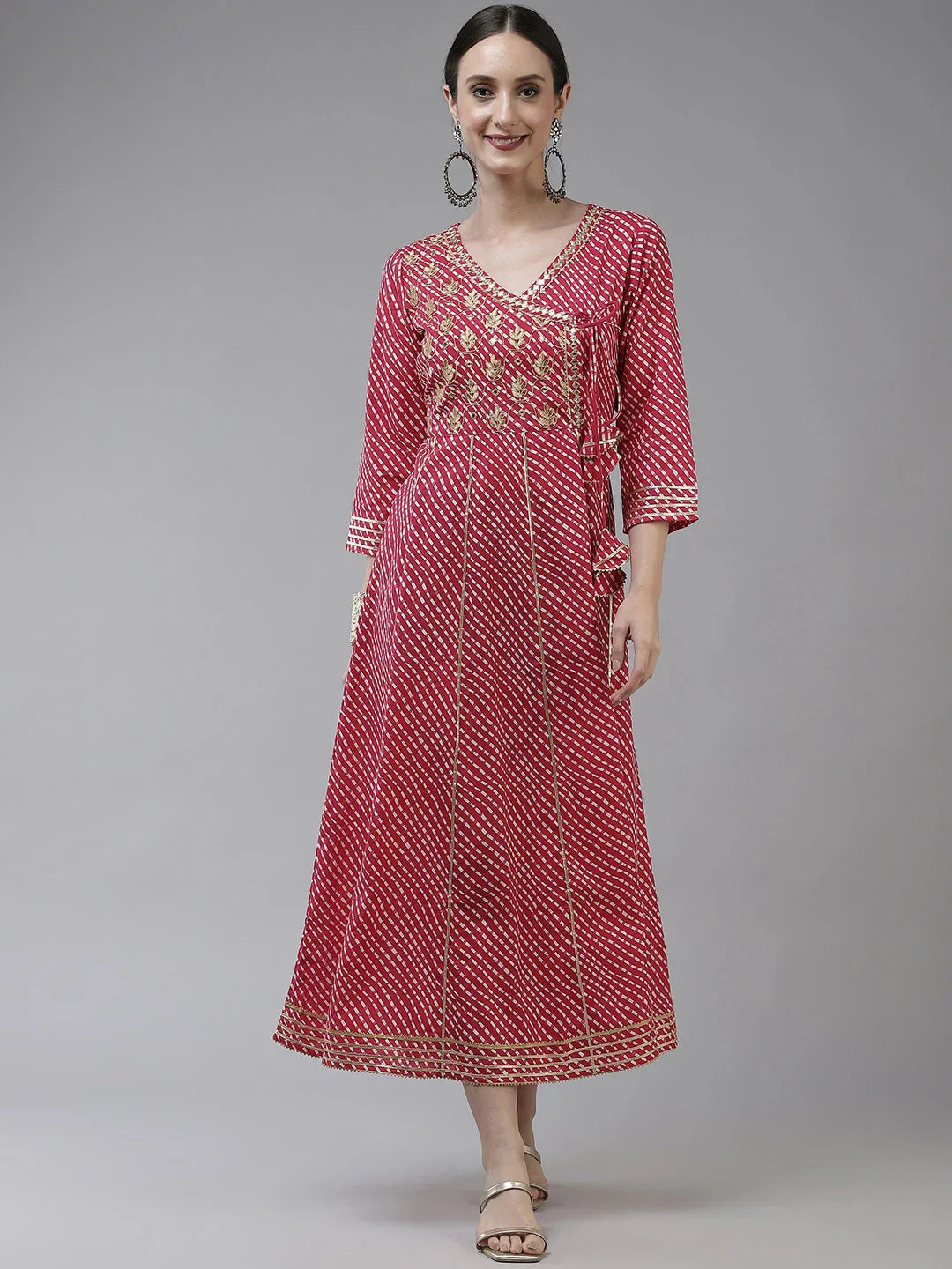 Pink Ethnic Motifs Maxi Dress-Indiakreations-JS9778DRSPKS