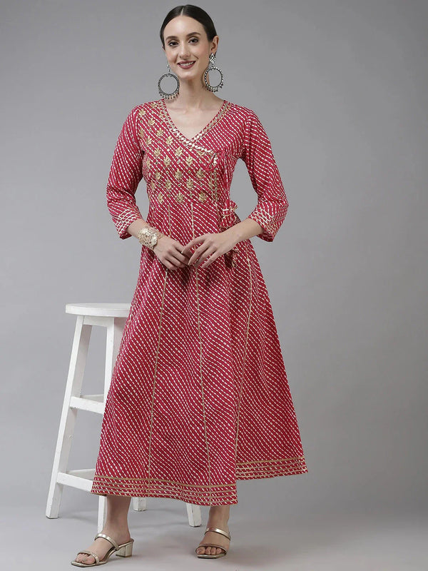 Pink Ethnic Motifs Maxi Dress-Indiakreations-JS9778DRSPKS