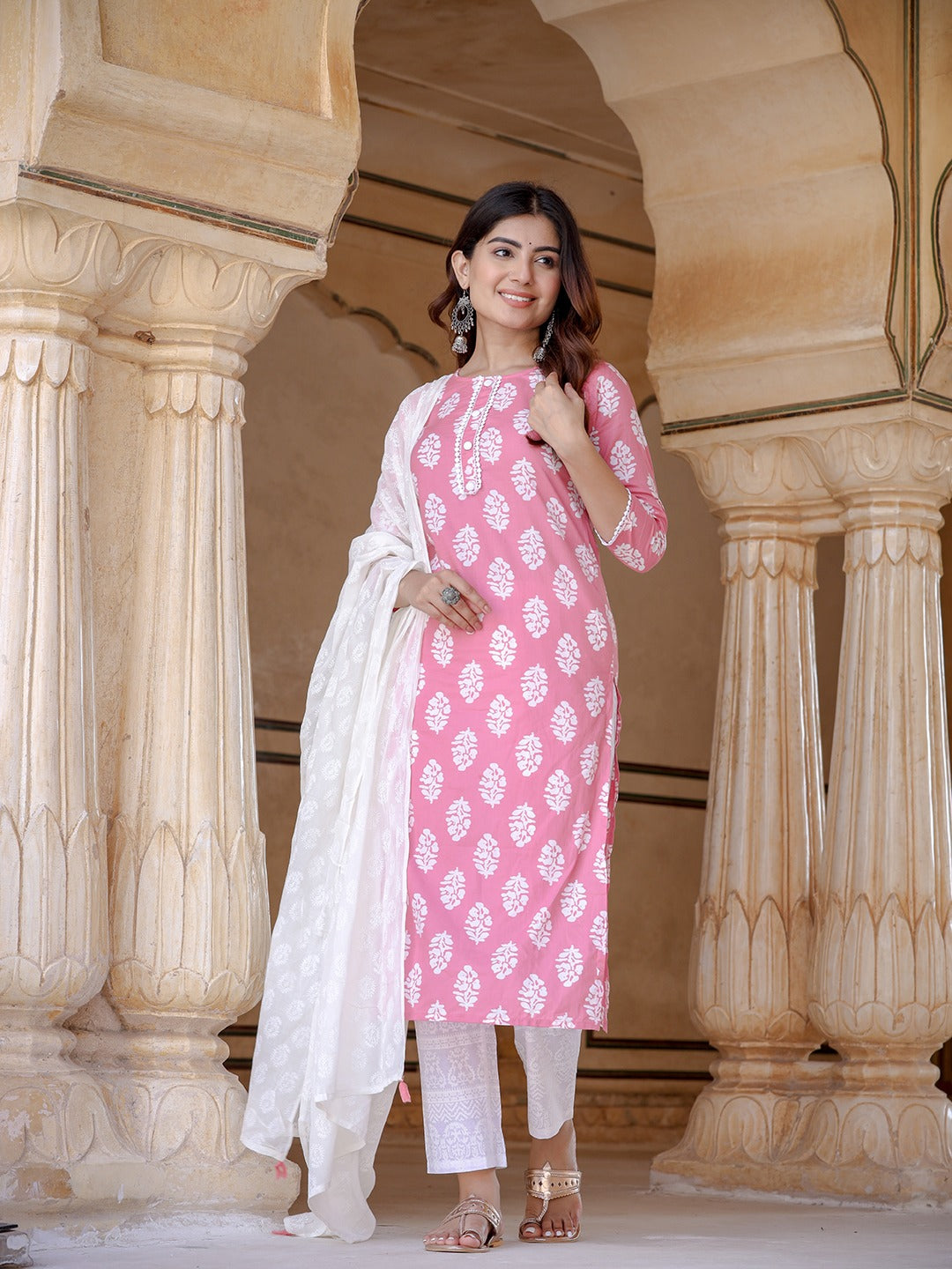 Pink Ethnic Motifs Printed Dupatta Set-Indiakreations-JS9720SKDPKS