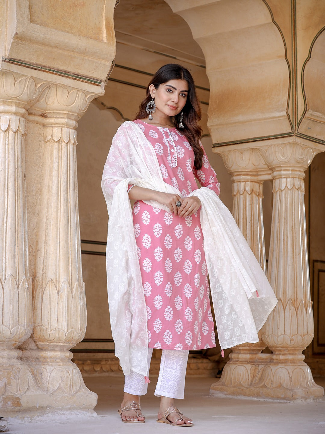 Pink Ethnic Motifs Printed Dupatta Set-Indiakreations-JS9720SKDPKS