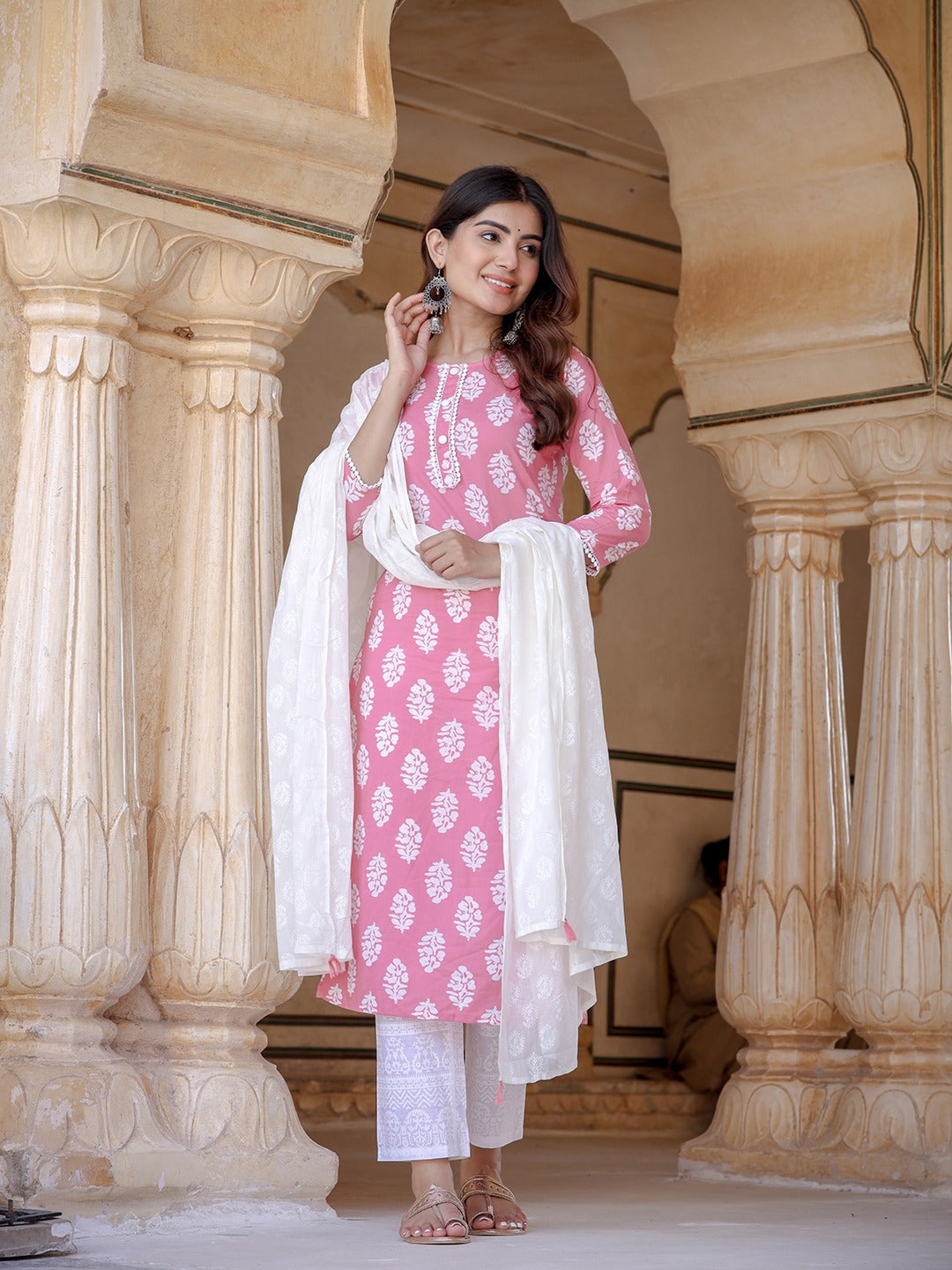 Pink Ethnic Motifs Printed Dupatta Set-Indiakreations-JS9720SKDPKS