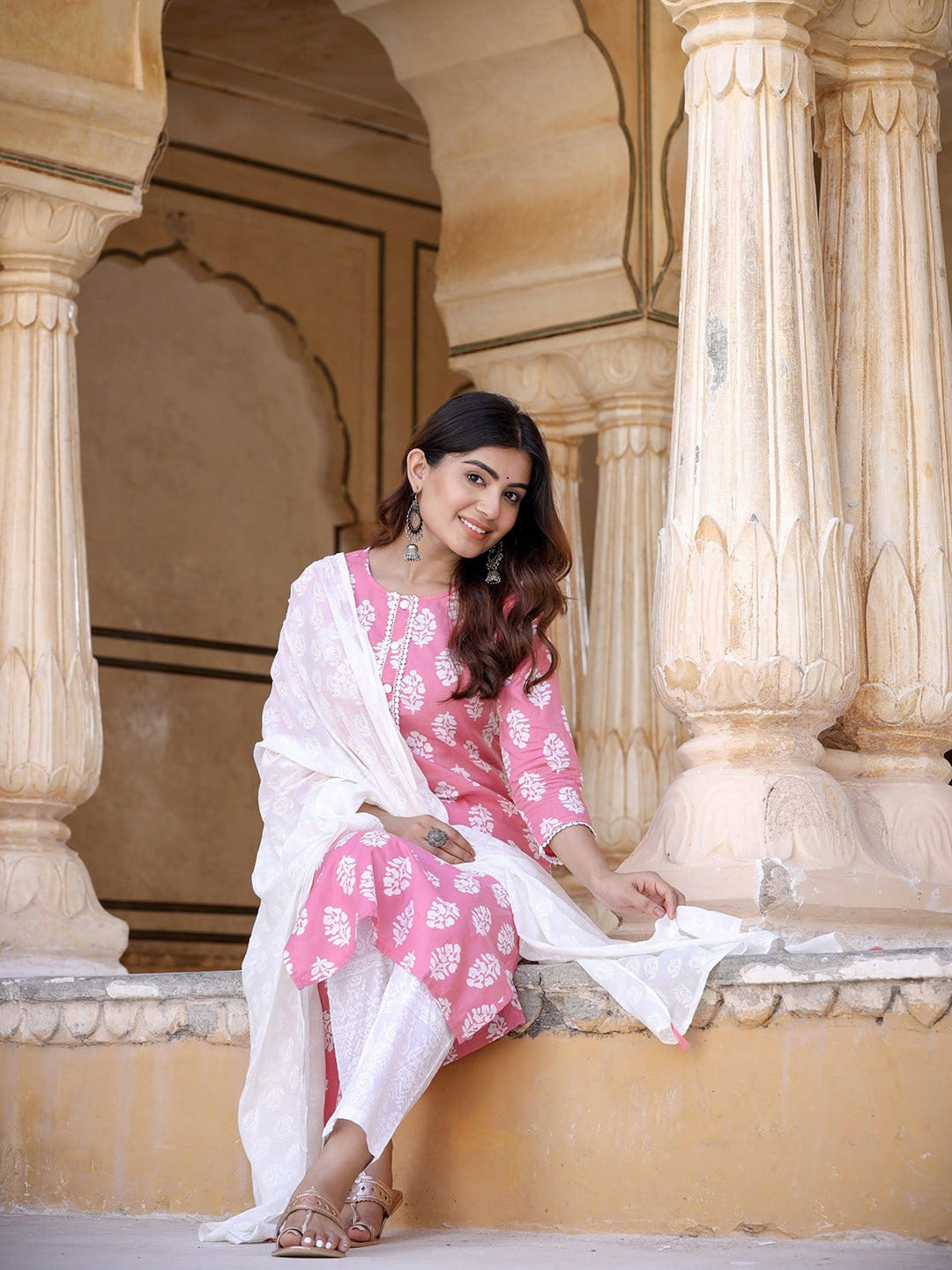 Pink Ethnic Motifs Printed Dupatta Set-Indiakreations-JS9720SKDPKS