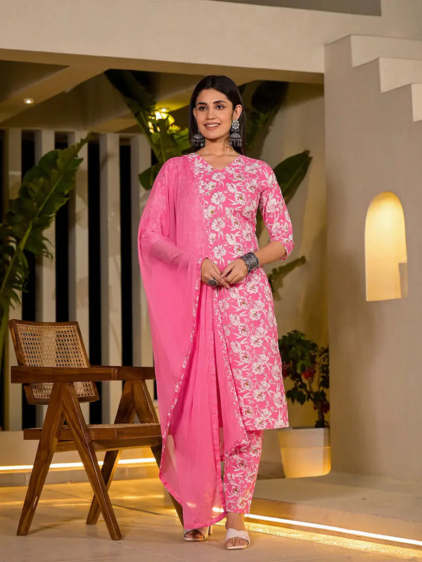 Pink Floral Print Cotton Straight Kurta With Trousers And Dupatta Set-Indiakreations-JS6893SKDPKS