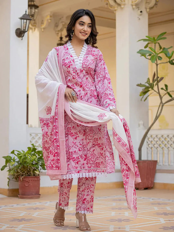 Pink Floral Print Pakistani Style Kurta Trouser And Dupatta Set-Indiakreations-JS1004SKDPKS