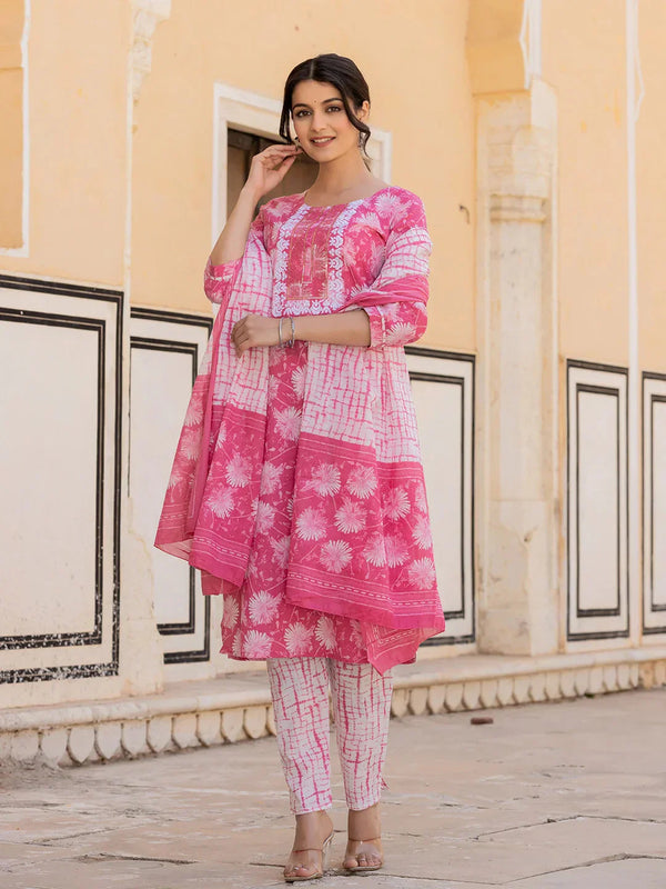 Pink Floral Print Straight Kurta Trouser And Dupatta Set-Indiakreations-JS6874SKDPKS