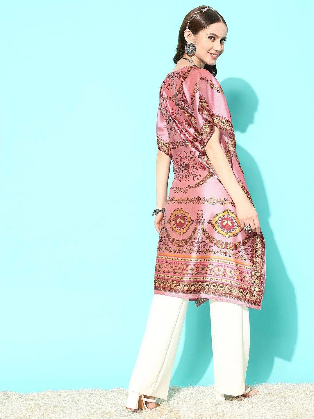 Pink Floral Printed Flared Sleeves Kaftan Kurta-Indiakreations-JS1363KFTPKS