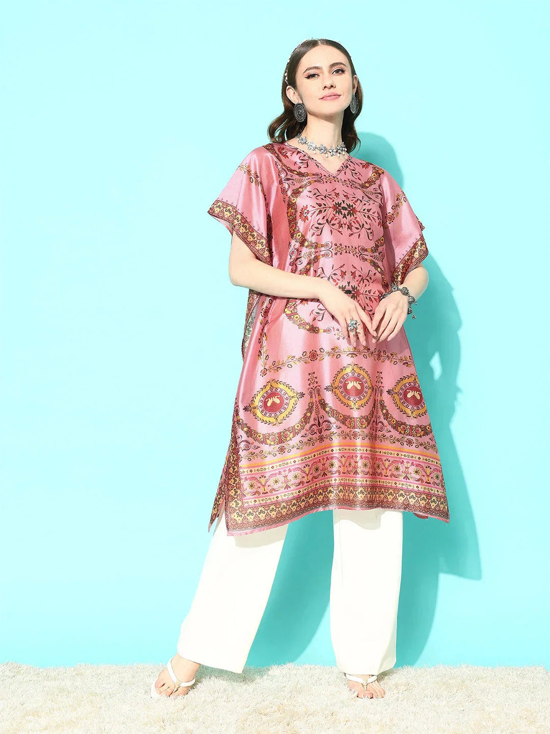 Pink Floral Printed Flared Sleeves Kaftan Kurta-Indiakreations-JS1363KFTPKS