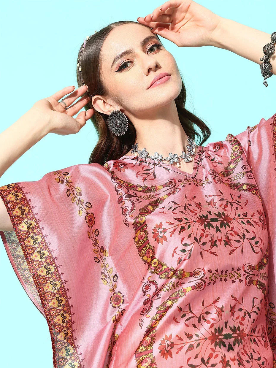 Pink Floral Printed Flared Sleeves Kaftan Kurta-Indiakreations-JS1363KFTPKS