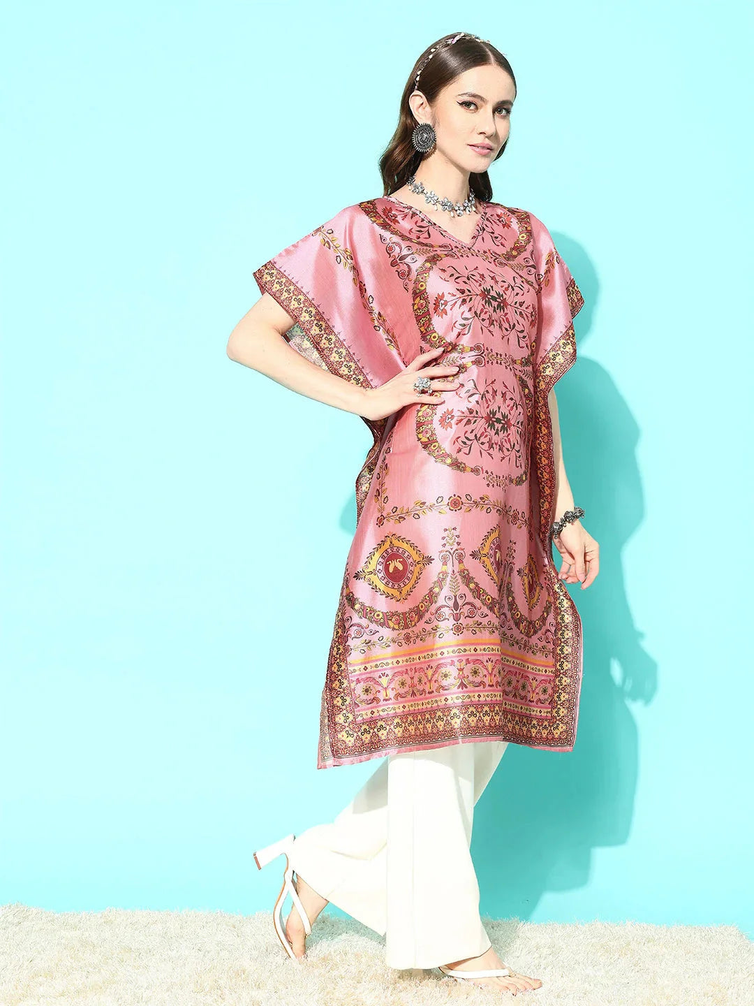 Pink Floral Printed Flared Sleeves Kaftan Kurta-Indiakreations-JS1363KFTPKS