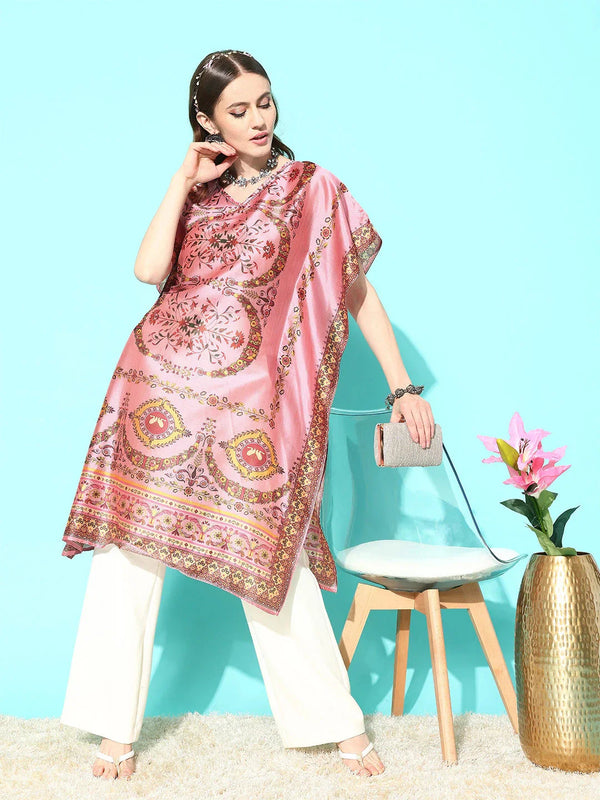 Pink Floral Printed Flared Sleeves Kaftan Kurta-Indiakreations-JS1363KFTPKS