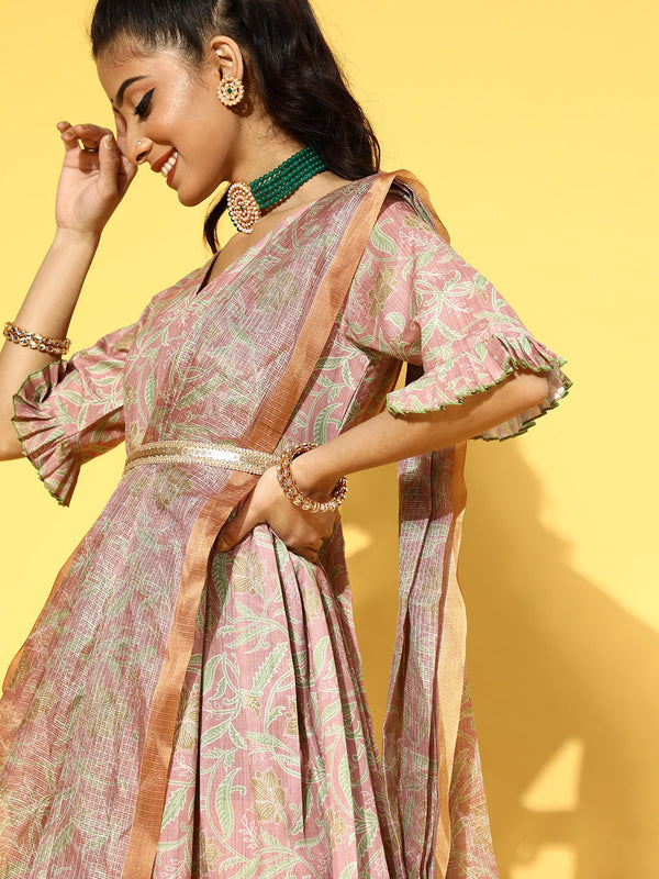 Pink & Green Floral Print Dress with Dupatta-Indiakreations-JS9604DRSPCS