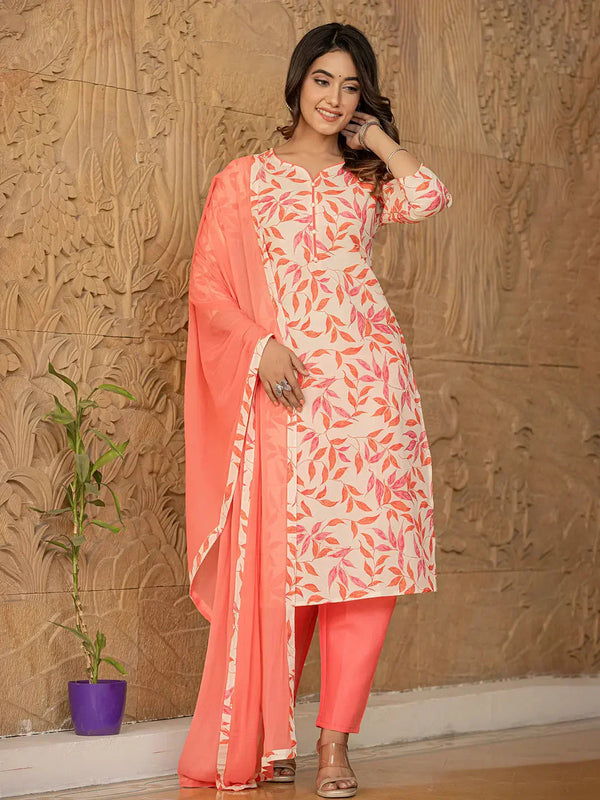 Pink Leaf Print Straight Piping On Yoke Kurta Trouser And Dupatta Set-Indiakreations-JS6831SKDPKS