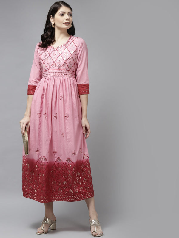 Pink & Maroon Ethnic Dress-Indiakreations-JS2753DRSPKM