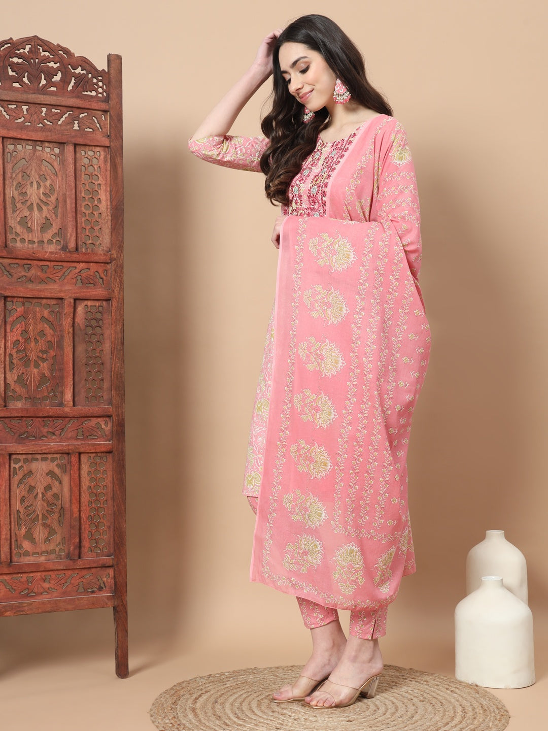 Pink Printed Cotton Kurta Dupatta Set-Indiakreations-JS6813SKDPKS