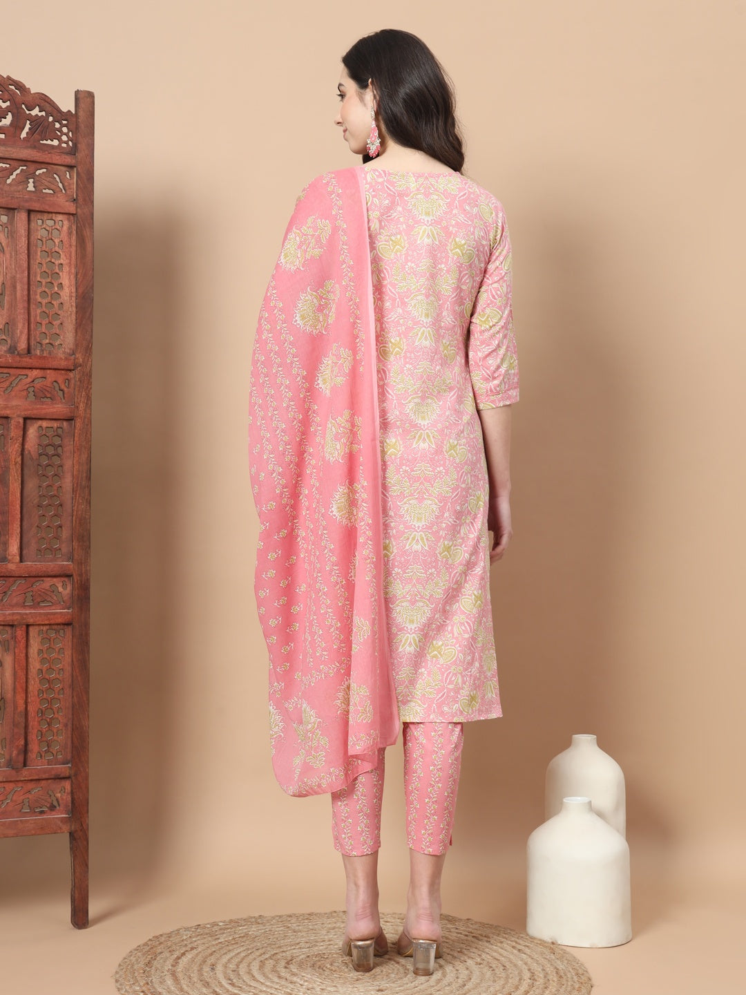 Pink Printed Cotton Kurta Dupatta Set-Indiakreations-JS6813SKDPKS