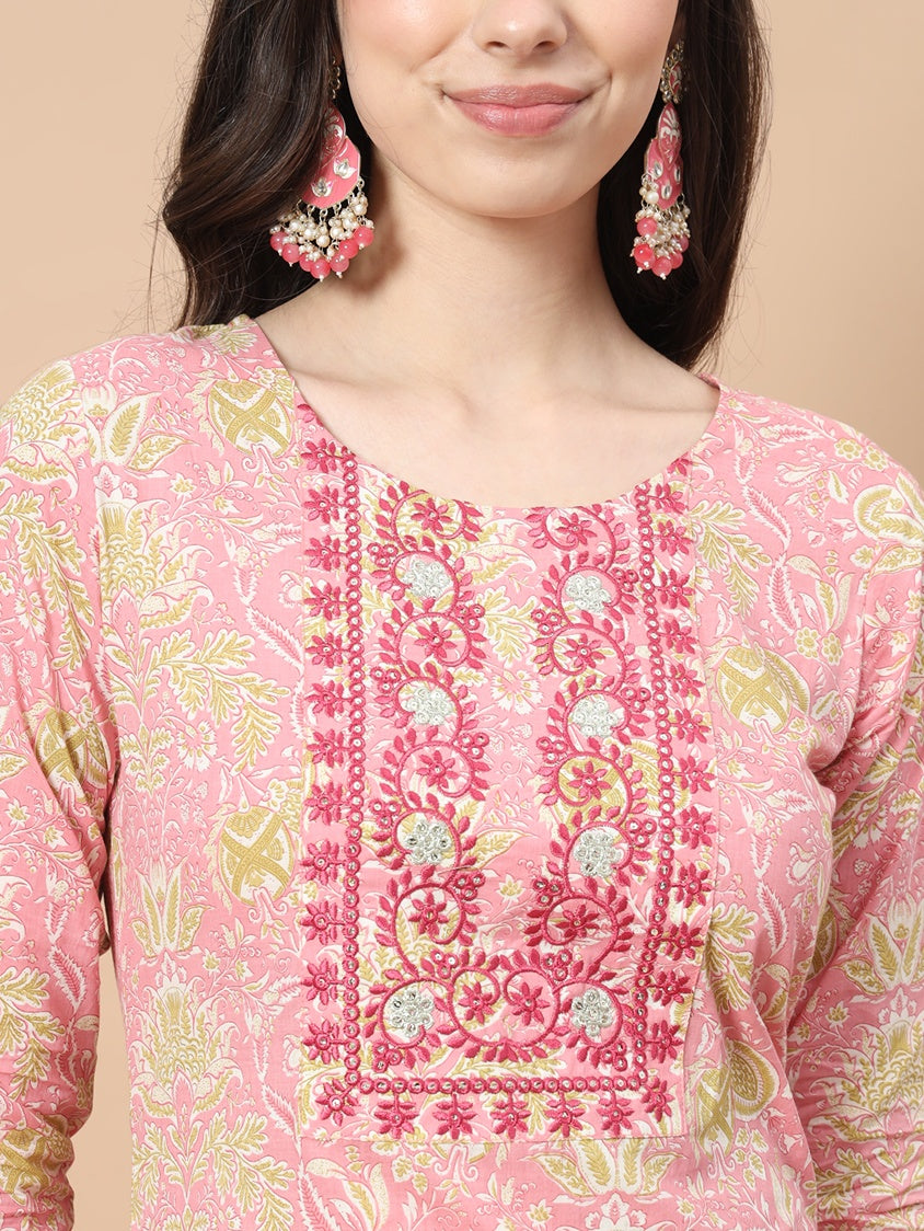 Pink Printed Cotton Kurta Dupatta Set-Indiakreations-JS6813SKDPKS