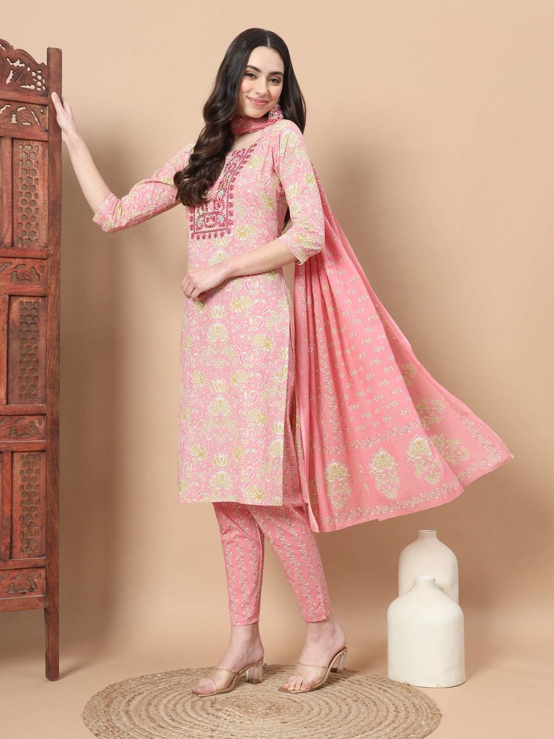 Pink Printed Cotton Kurta Dupatta Set-Indiakreations-JS6813SKDPKS