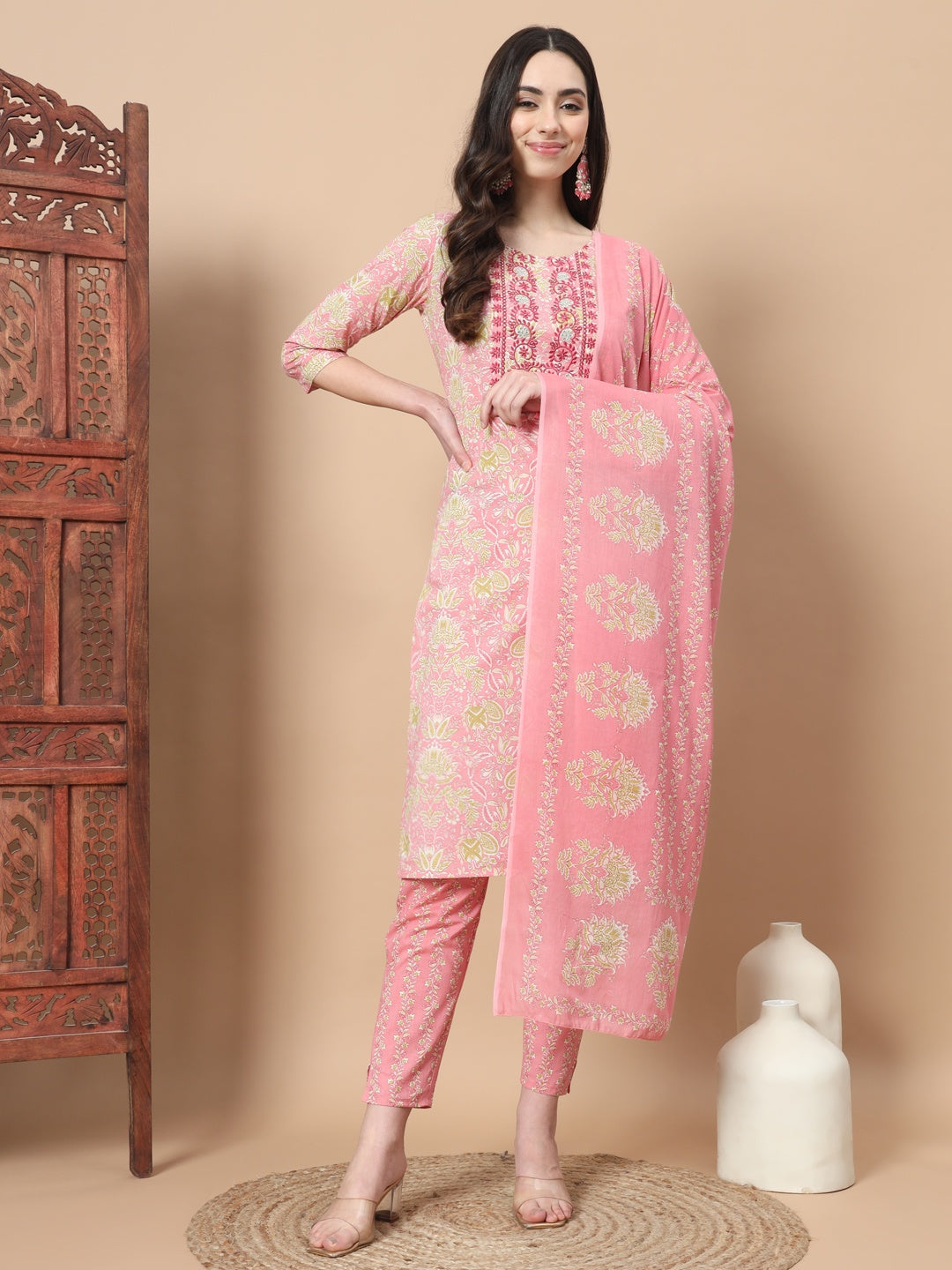 Pink Printed Cotton Kurta Dupatta Set-Indiakreations-JS6813SKDPKS