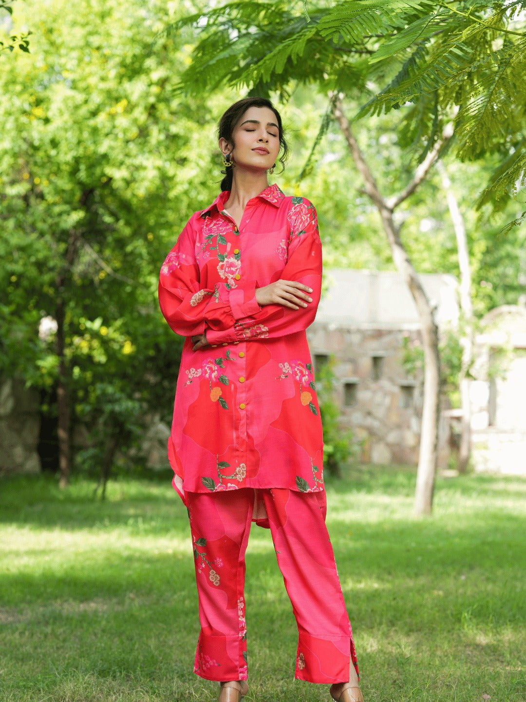 Pink Printed Shirt with Trousers Co-Ords-Indiakreations-JS1452CRDPKS