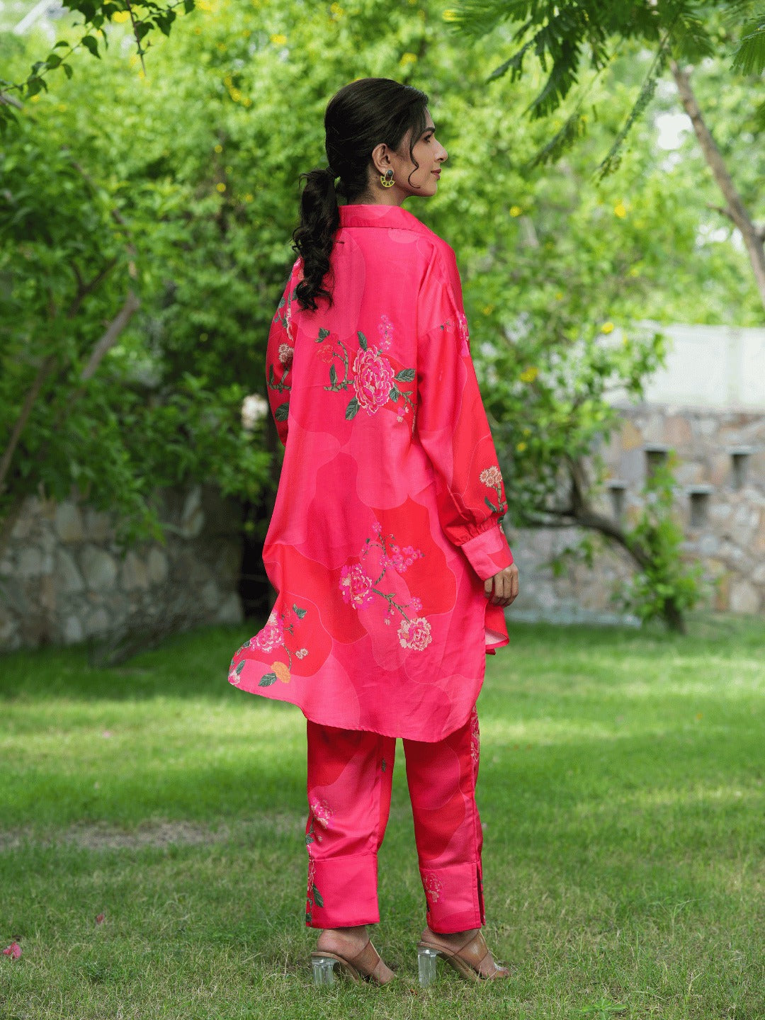 Pink Printed Shirt with Trousers Co-Ords-Indiakreations-JS1452CRDPKS