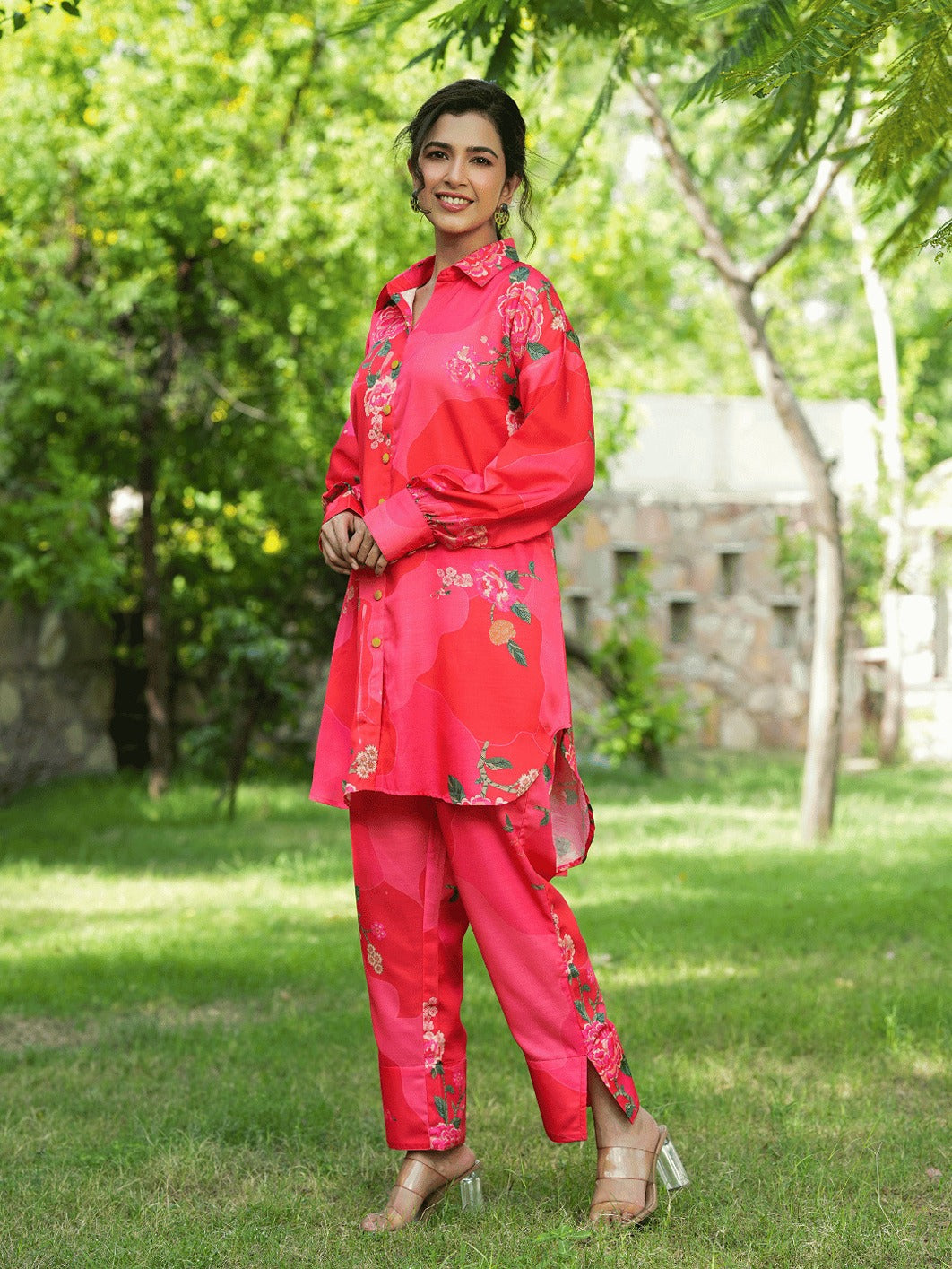 Pink Printed Shirt with Trousers Co-Ords-Indiakreations-JS1452CRDPKS