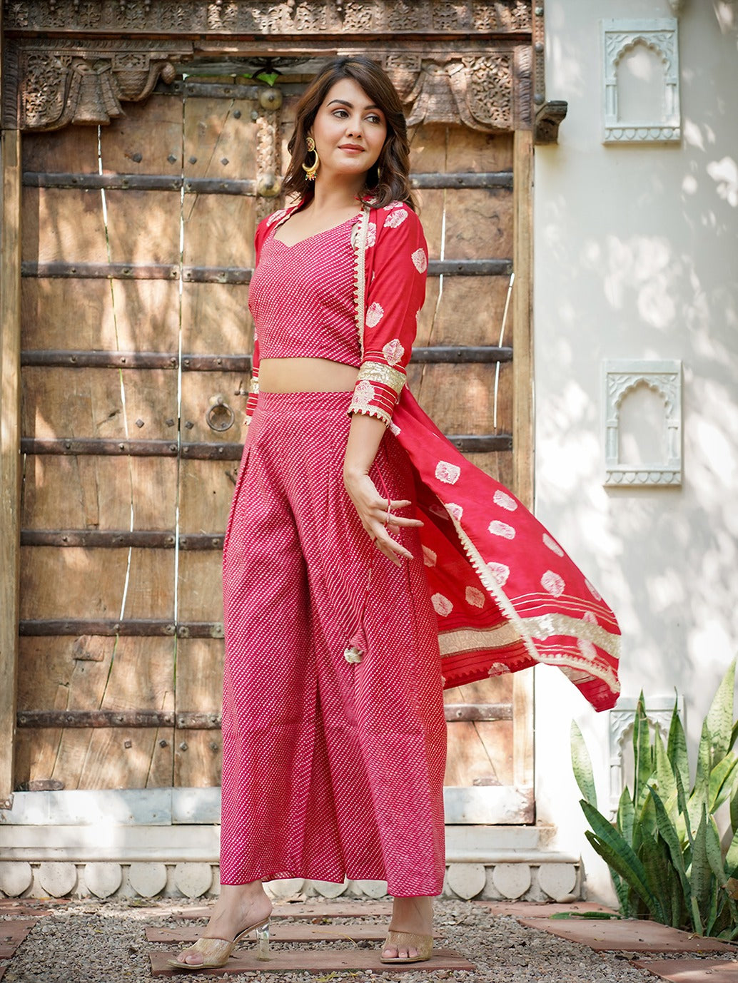 Pink Printed Top & Palazzo With Shrug Co-Ords-Indiakreations-JS1498CRDPKS