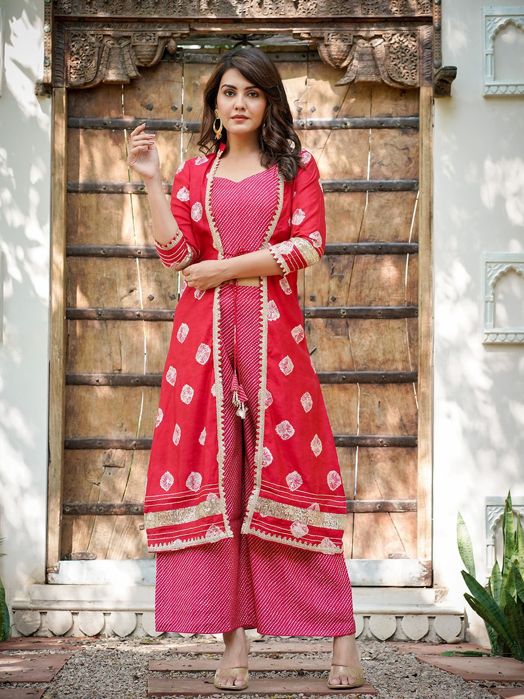 Pink Printed Top & Palazzo With Shrug Co-Ords-Indiakreations-JS1498CRDPKS