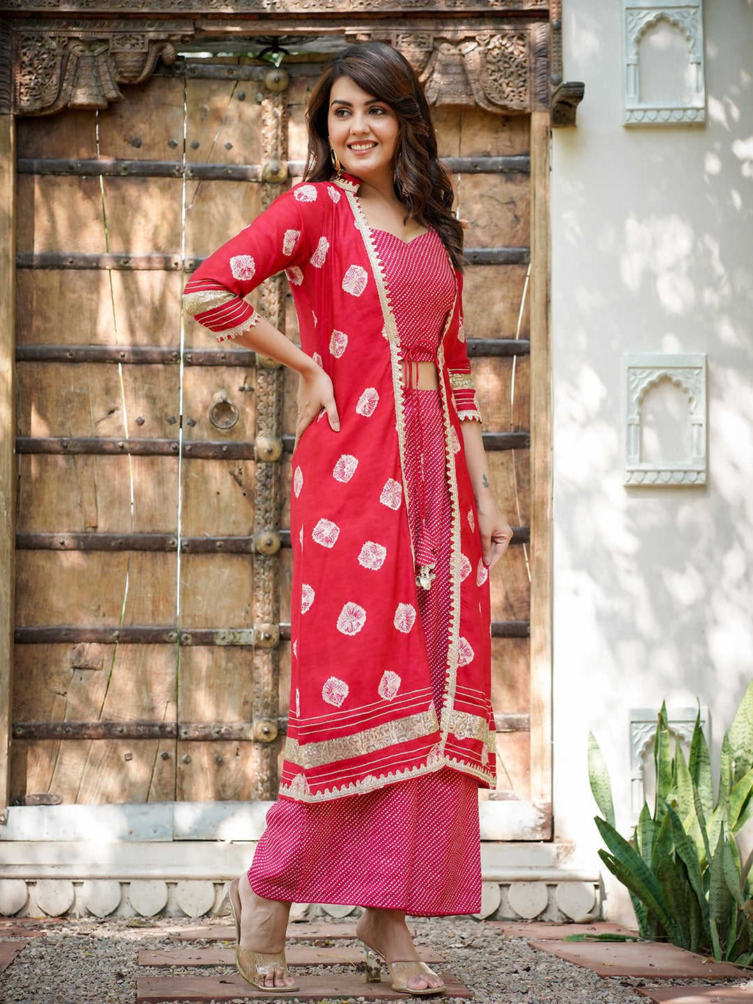 Pink Printed Top & Palazzo With Shrug Co-Ords-Indiakreations-JS1498CRDPKS