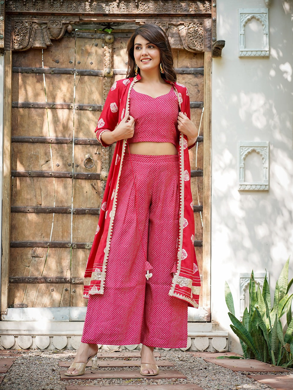 Pink Printed Top & Palazzo With Shrug Co-Ords-Indiakreations-JS1498CRDPKS