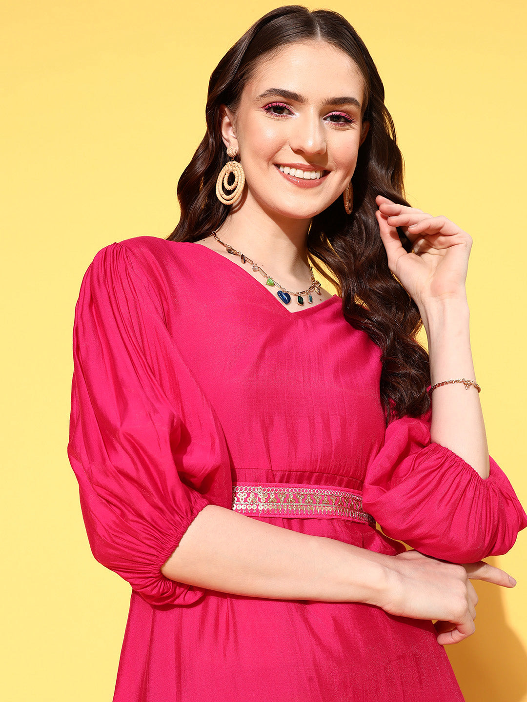 Pink Puff Sleeves Dress-Indiakreations-JS8187DRSPKXS