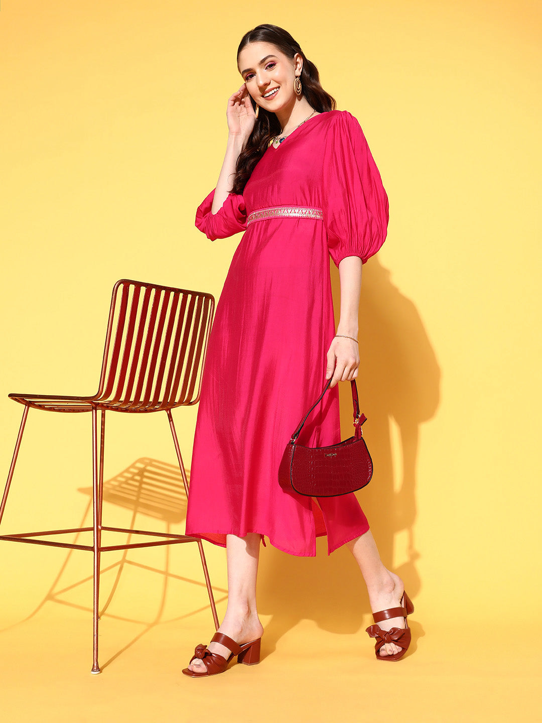 Pink Puff Sleeves Dress-Indiakreations-JS8187DRSPKXS