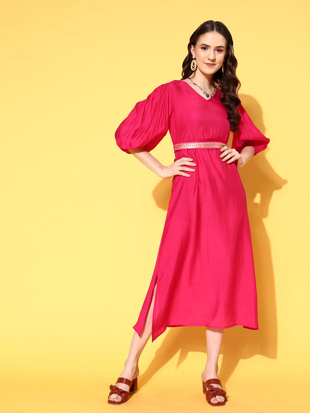 Pink Puff Sleeves Dress-Indiakreations-JS8187DRSPKXS