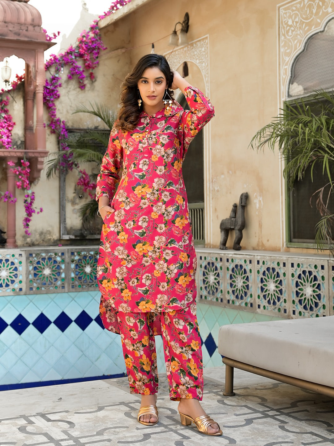 Pink Silk blend Floral Print Shirt Collar Co-ord set-Indiakreations-JS1827CRDPKM