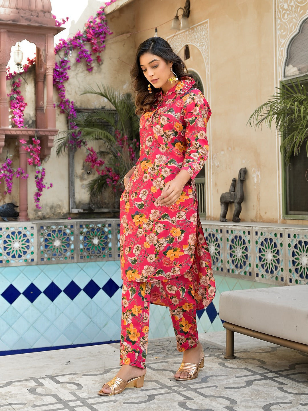 Pink Silk blend Floral Print Shirt Collar Co-ord set-Indiakreations-JS1827CRDPKM